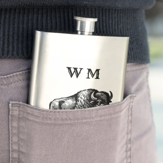 Monogramed bizon buffel op roestvrijstalen kolf flacon (Voorbeeld)