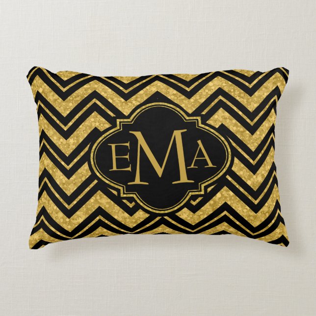Monogramed Black Chevron & Gold Glitter Decoratief Kussen (Voorkant)