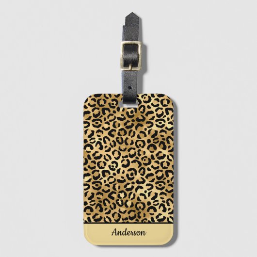 Monogramed Black en Gold Leopard Print Cheetah Bagagelabel (Voorkant (verticaal))
