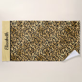 Monogramed Black en Gold Leopard Print Cheetah Strandlaken (Voorkant)