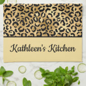 Monogramed Black en Gold Leopard Print Cheetah Theedoek (Gevouwen)