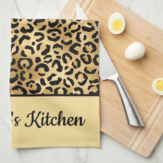 Monogramed Black en Gold Leopard Print Cheetah Theedoek (Quarter Fold)