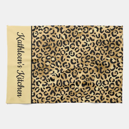 Monogramed Black en Gold Leopard Print Cheetah Theedoek (Horizontaal)
