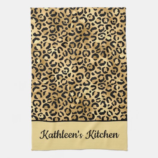 Monogramed Black en Gold Leopard Print Cheetah Theedoek (Verticaal)