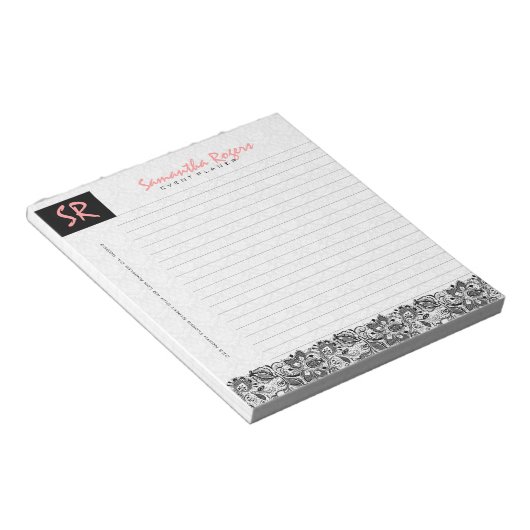 Monogramed Black Floral Lace & White Dammaskers Notitieblok (Schuin)