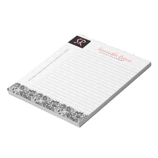 Monogramed Black Floral Lace & White Dammaskers Notitieblok (Linkerzijde)