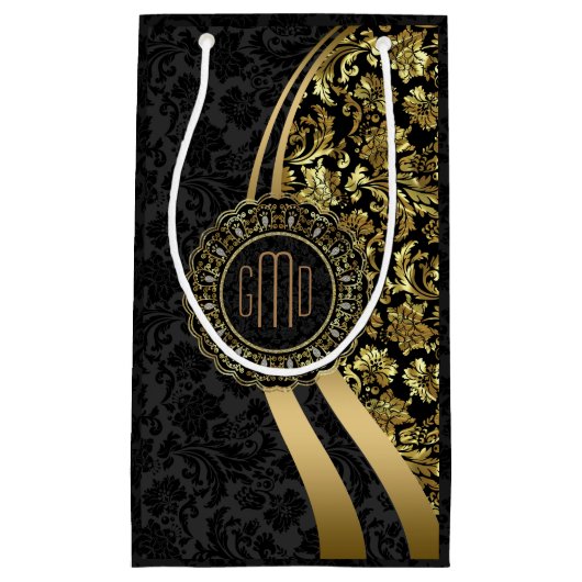 Monogramed Black & Gold Damkers Dynamic Stripes Klein Cadeauzakje (Voorkant)
