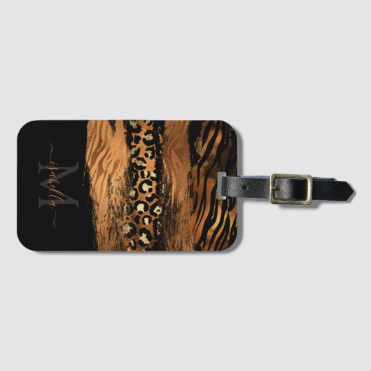 Monogramed Black Gold Elegant Script Copper Bagagelabel (Voorkant (horizontaal))