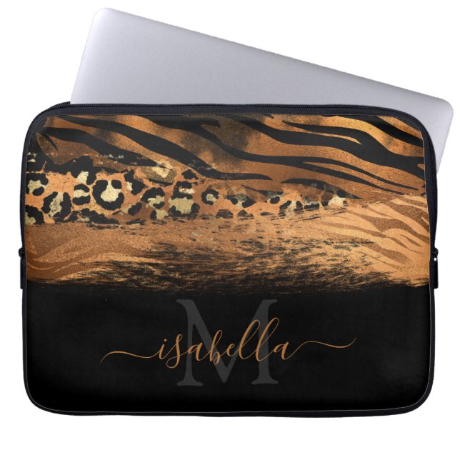 Monogramed Black Gold Elegant Script Copper Laptop Sleeve (Voorkant)