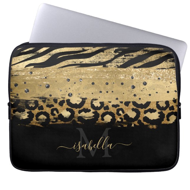 Monogramed Black Gold Elegant Script Gold Laptop Sleeve (Voorkant)