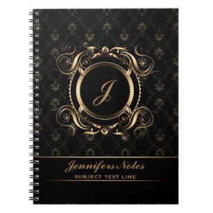 Monogramed Black & Gold Floral Circle Lijst Notitieboek