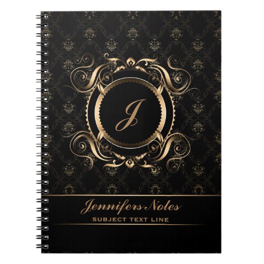 Monogramed Black & Gold Floral Circle Lijst Notitieboek (Voorkant)