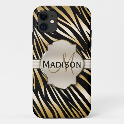 Monogramed Black Gold Zebra Print Pattern Case-Mate iPhone Case (Achterkant)