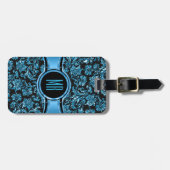 Monogramed Black & Metallic Blue Floral Damaskers Bagagelabel (Voorkant horizontaal)