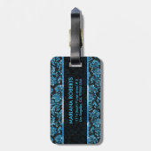 Monogramed Black & Metallic Blue Floral Damaskers Bagagelabel (Achterkant verticaal)