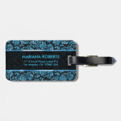 Monogramed Black & Metallic Blue Floral Damaskers Bagagelabel (Achterkant horizontaal)