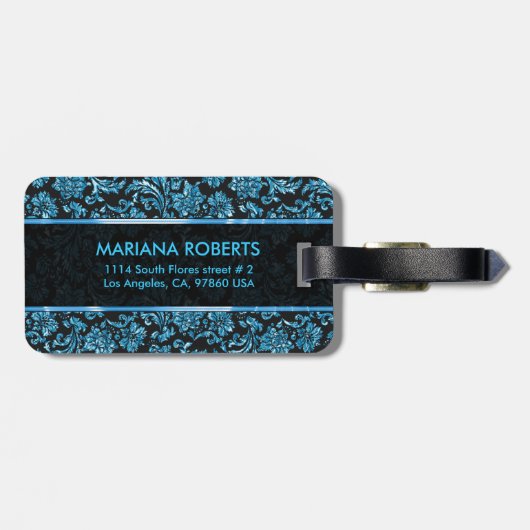 Monogramed Black & Metallic Blue Floral Damaskers Bagagelabel (Achterkant horizontaal)