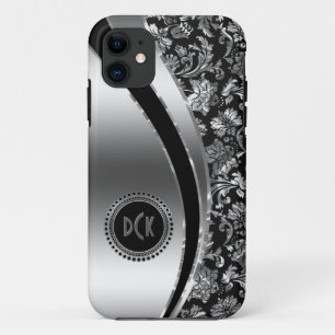 Monogramed Black & Metallic Silver Damasers Case-Mate iPhone Case