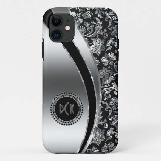 Monogramed Black & Metallic Silver Damasers Case-Mate iPhone Case (Achterkant)