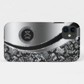 Monogramed Black & Metallic Silver Damasers Case-Mate iPhone Case (Achterkant (horizontaal))