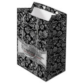 Monogramed Black & Metallic Silver Floral Damasers Medium Cadeauzakje (Voorkant Gekanteld)