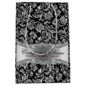 Monogramed Black & Metallic Silver Floral Damasers Medium Cadeauzakje (Voorkant)