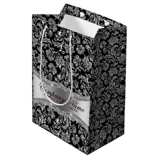 Monogramed Black & Metallic Silver Floral Damasers Medium Cadeauzakje (Achterkant Gekanteld)