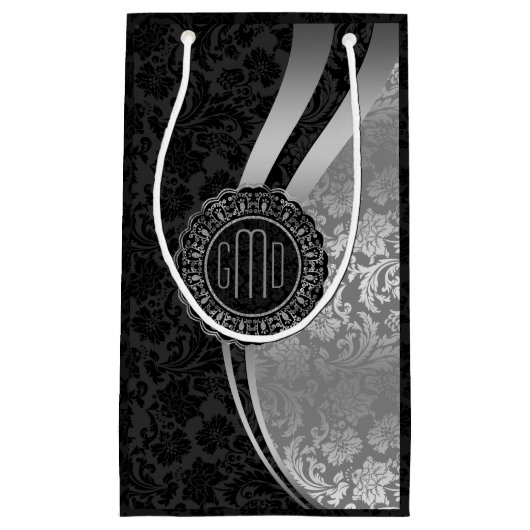 Monogramed Black & Silver Damasers Dynamic Stripes Klein Cadeauzakje (Voorkant)