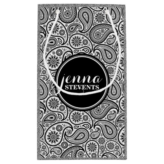 Monogramed Black & White  paisley Pattern Klein Cadeauzakje (Achterkant)
