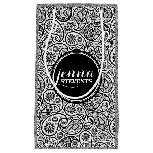 Monogramed Black & White  paisley Pattern Klein Cadeauzakje (Voorkant)