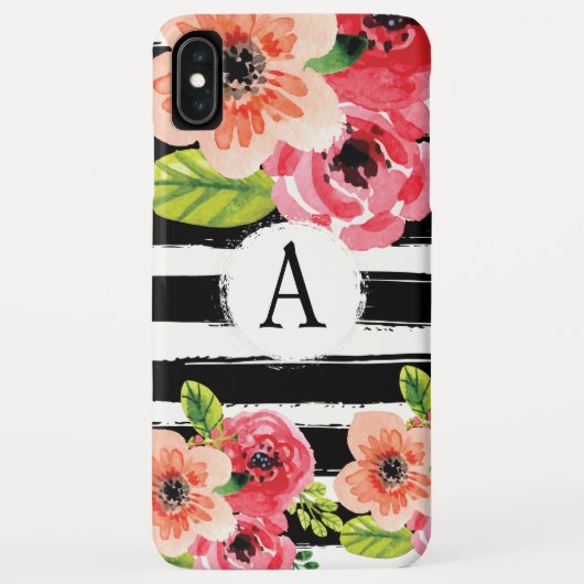 Monogramed Black White Stripes Waterverf Flowers Case-Mate iPhone Case (Achterkant)