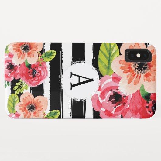 Monogramed Black White Stripes Waterverf Flowers Case-Mate iPhone Case (Achterkant (horizontaal))