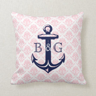 Monogramed Blauw Nautisch Anker & Roze Damasks Kussen