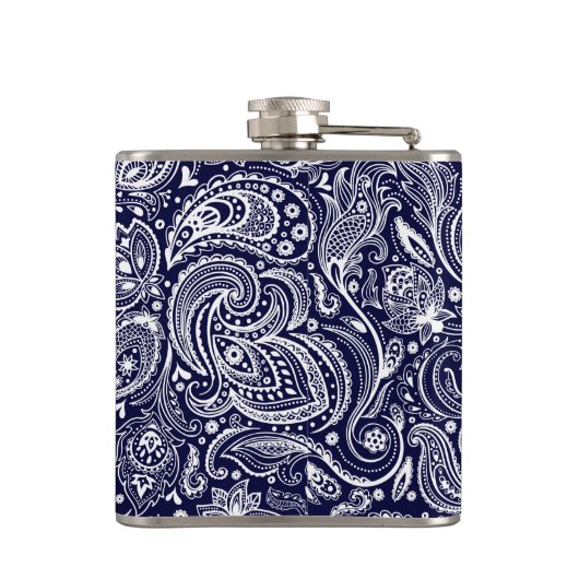 Monogramed Blauw & Wit Bloemen Paisley Heupfles (Achterkant)