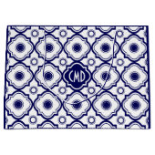 Monogramed Blauw & Wit Quatrefoil Patroon Groot Cadeauzakje (Voorkant)