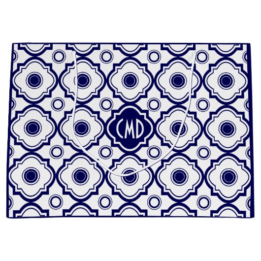 Monogramed Blauw & Wit Quatrefoil Patroon Groot Cadeauzakje (Voorkant)