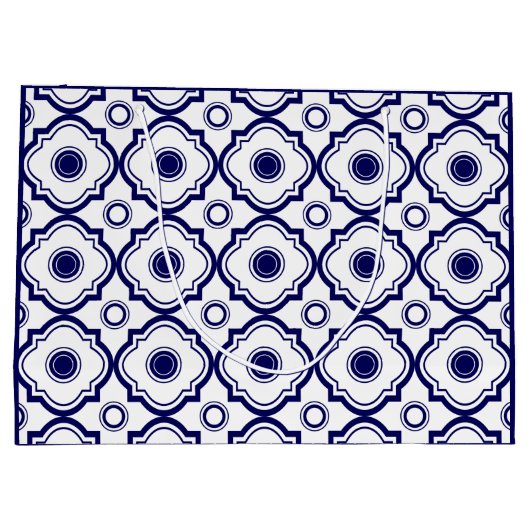 Monogramed Blauw & Wit Quatrefoil Patroon Groot Cadeauzakje (Achterkant)