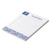 Monogramed Blue Floral Lace & White Dammaskers 2a Notitieblok (Linkerzijde)