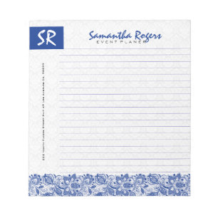 Monogramed Blue Floral Lace & White Dammaskers 2a Notitieblok