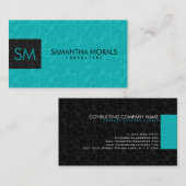 Monogramed Bold Modern Zwart & Turquoise Damasks 2 Visitekaartje (Voorkant / Achterkant)