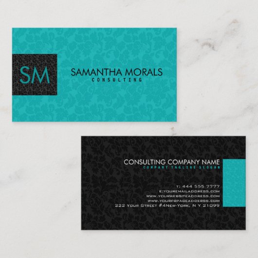 Monogramed Bold Modern Zwart & Turquoise Damasks 2 Visitekaartje (Voorkant / Achterkant)