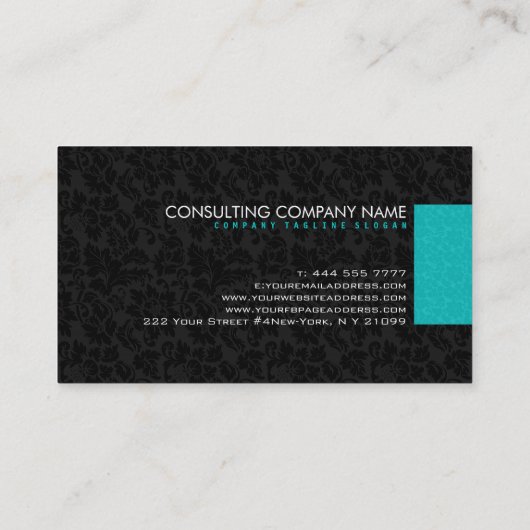 Monogramed Bold Modern Zwart & Turquoise Damasks 2 Visitekaartje (Achterkant)