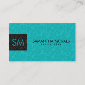 Monogramed Bold Modern Zwart & Turquoise Damasks 2 Visitekaartje (Voorkant)