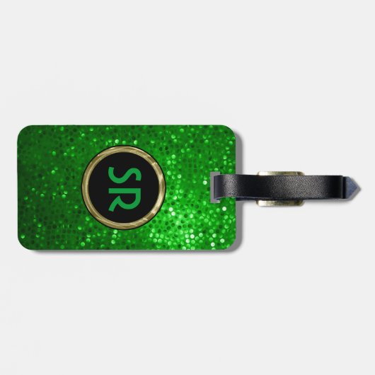 Monogramed Bright Green Tones Glitter Texture 2 Bagagelabel (Achterkant horizontaal)