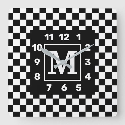 Monogramed BW Gecontroleerde Vierkante Wandklok (Voorkant)