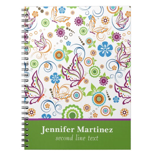 Monogramed Colorful Butterflies & Flowers Pattern Notitieboek (Voorkant)