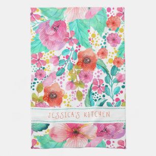 Monogramed Colorful Waterverf Floral Collage Theedoek