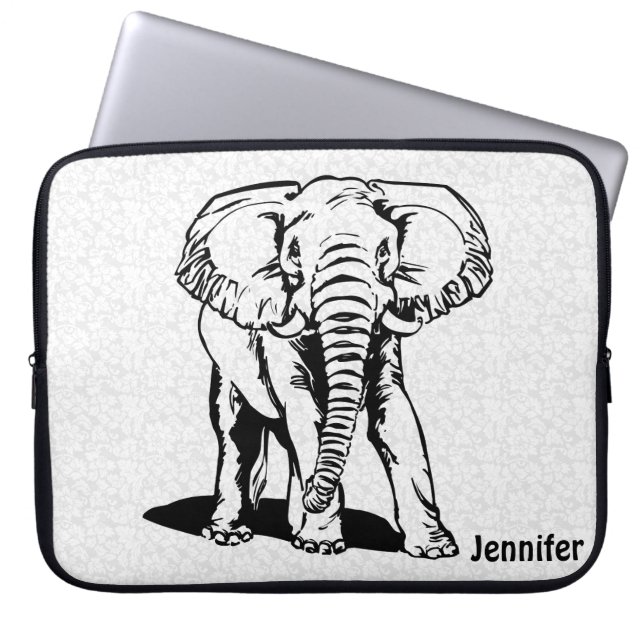 Monogramed Cute Black Elephant Line Tekening Laptop Sleeve (Voorkant)