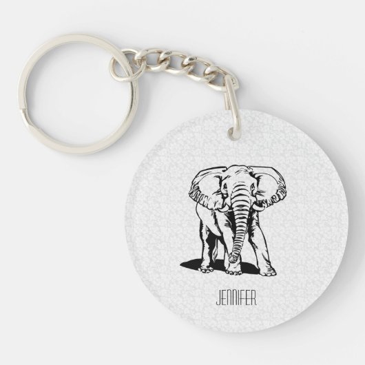 Monogramed Cute Black Elephant Line Tekening Sleutelhanger (Voorkant)