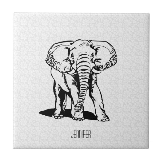 Monogramed Cute Black Elephant Line Tekening Tegeltje (Voorkant)